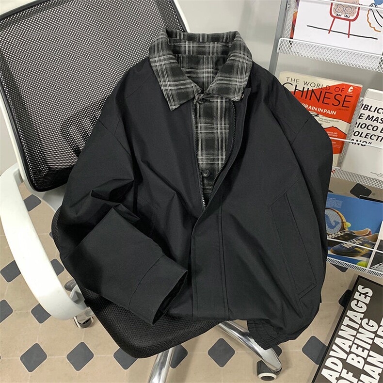大码复古格纹拼接假两件翻领夹克美式宽松百搭外套A436-1802-P75,男装夹克,电商A436