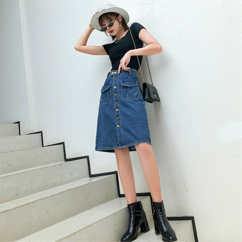 牛仔裙中裙女高腰韩版排扣大码女装200斤百搭2021夏新款5802,女装牛仔裤,潮品会