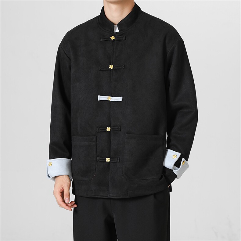 秋冬新品新中式鹿皮绒拼色四叶草金属扣立领唐装加厚外套JK109，男装民族服装，星座305A（原312A-1）