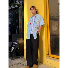 美式复古华夫格彩色花卉刺绣衬衫短袖夏季新款宽松慵懒风休闲百搭，男装衬衫，星座218-8