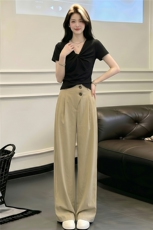欧韩时尚套装女夏新款黑色V领扭结设计短袖上衣弯刀休闲裤两件套，女装套装/套裙，江南