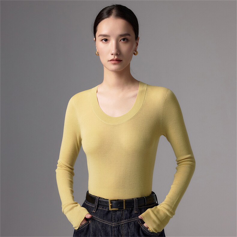 极简风精纺羊毛衫女2025新款法式高端修身显瘦针织打底衫通勤毛衣,女装羊毛衫,蚂蚁派对工厂直营店