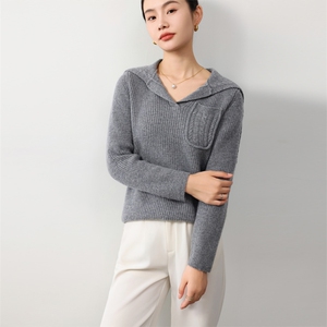 韩系大翻领加厚女士羊毛衫扭花纯色羊毛图片