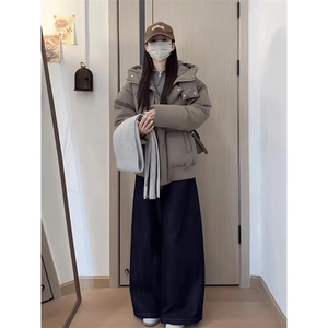 现货5W件冬季三防重磅boxy短款羽绒连帽PU皮棉衣外套防风加厚棉服图片
