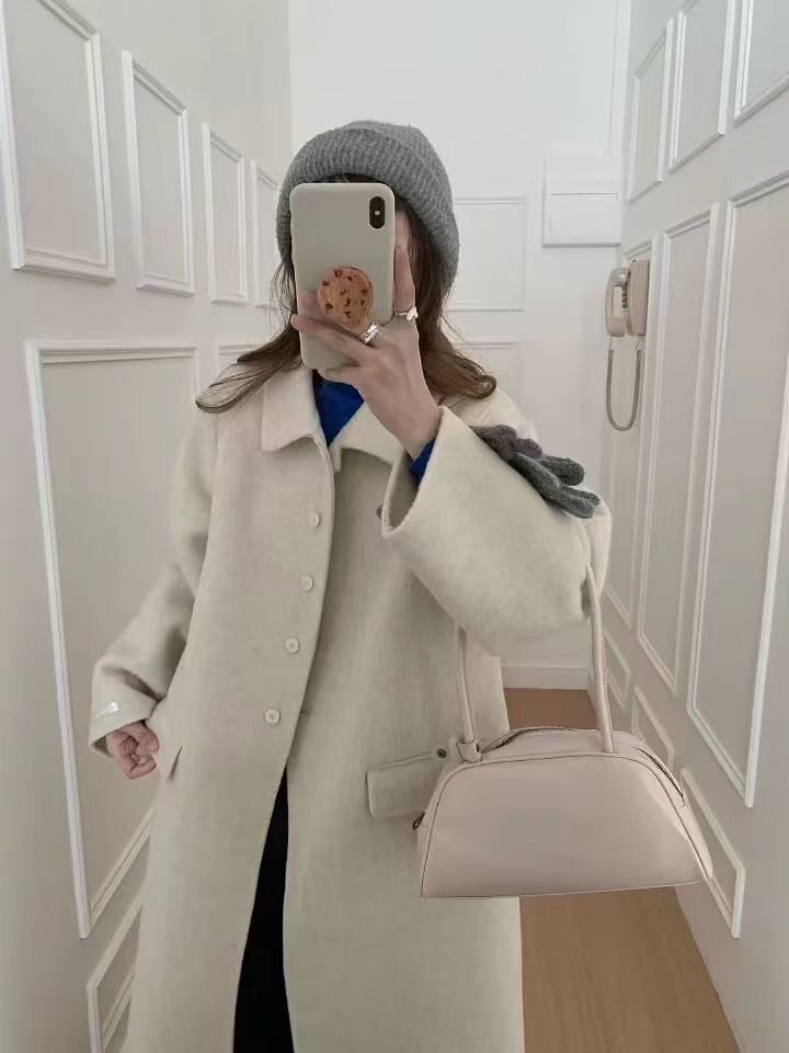 设计感娃娃领双面羊毛大衣女中长款2025秋冬新款单排扣，女装双面呢大衣，依嘟服饰