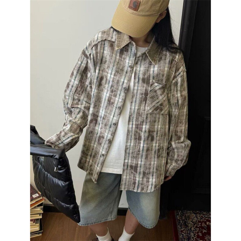 港风格子衬衫宽松外套男女衬衣百搭格子外套,男装衬衫,星座410-7