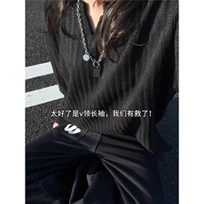 QC3273-P34秋季肌理感小V领长袖t恤男款轻薄美式慵懒风卫衣，男装T恤，电商B323A