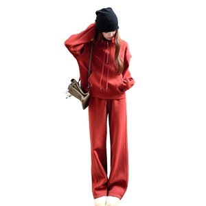 韩系慵懒chic红色休闲运动套装女2025春秋新款卫衣阔腿长裤两件套图片