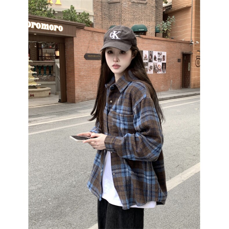 复古格子衬衫男女慵懒风宽松休闲百搭街头衬衣外套C3008,男装衬衫,星座601-1