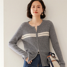 2024秋冬新款加厚羊绒开衫女士圆领时尚显瘦拼色毛衣针织羊毛外套，女装羊绒衫，尚达羊绒