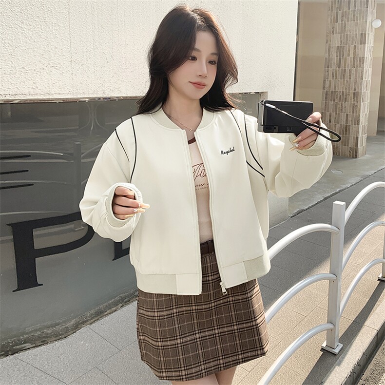 美式棒球服外套女春秋通勤短款撞色拼接复古夹克刺绣宽松休闲上衣,女装短外套,鑫慧