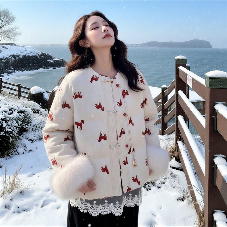 【现货】数据好马年新中式真狐狸毛90白鸭绒2C327-9938P355控498,女装羽绒服,2C327