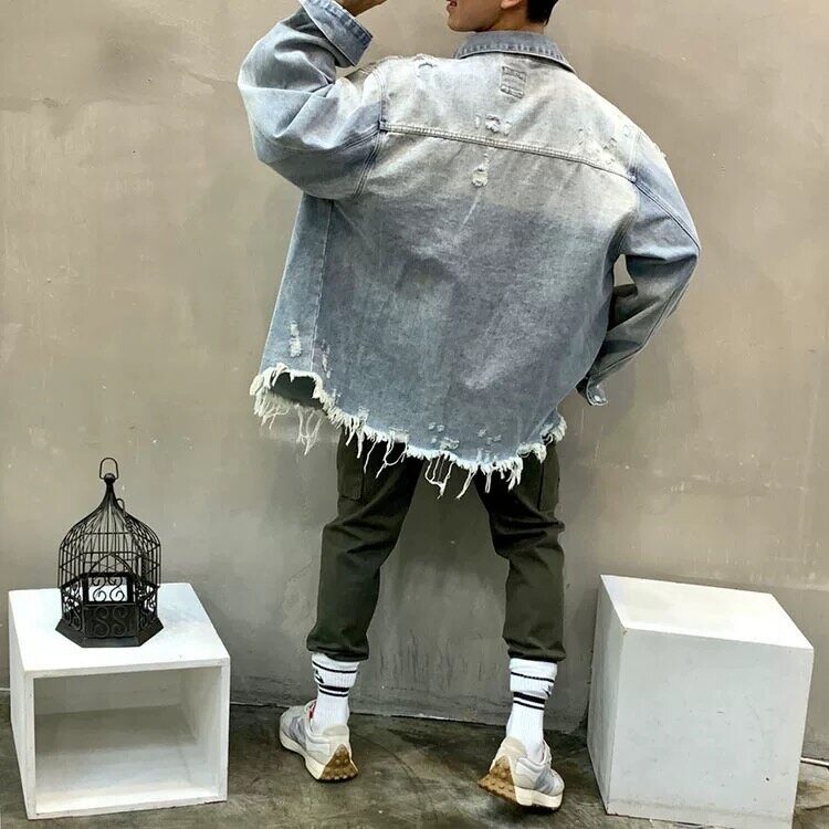 美式复古毛边牛仔夹克男女宽松长袖时尚百潮牌搭破洞牛仔衬衫,男装夹克,星座410-7