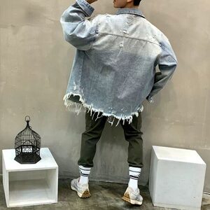 美式复古毛边牛仔夹克男女宽松长袖时尚百潮牌搭破洞牛仔衬衫图片