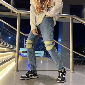 牛仔裤男夏季潮大码休闲裤子高街设计感裤子弹力布KJ01P48图片