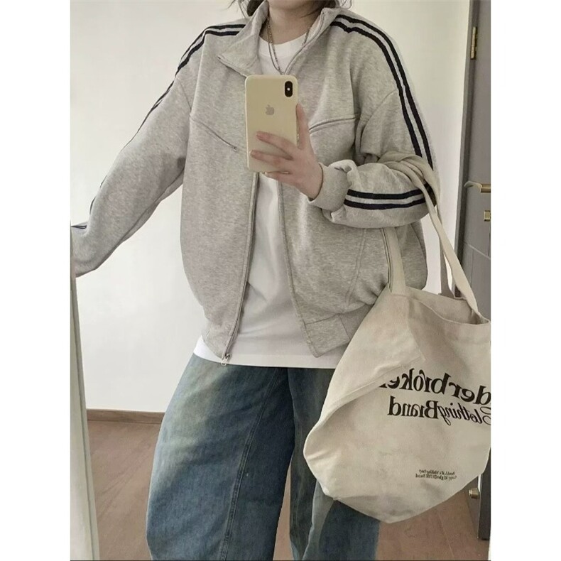 SS0576-P50美式复古条纹卫衣外套女秋冬潮牌街头两道杠宽松百搭，女装短外套，电商C233