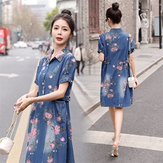 时尚牛仔印花连衣裙修身显瘦高腰A字裙夏季新款，女装连衣裙，秋水欣儿