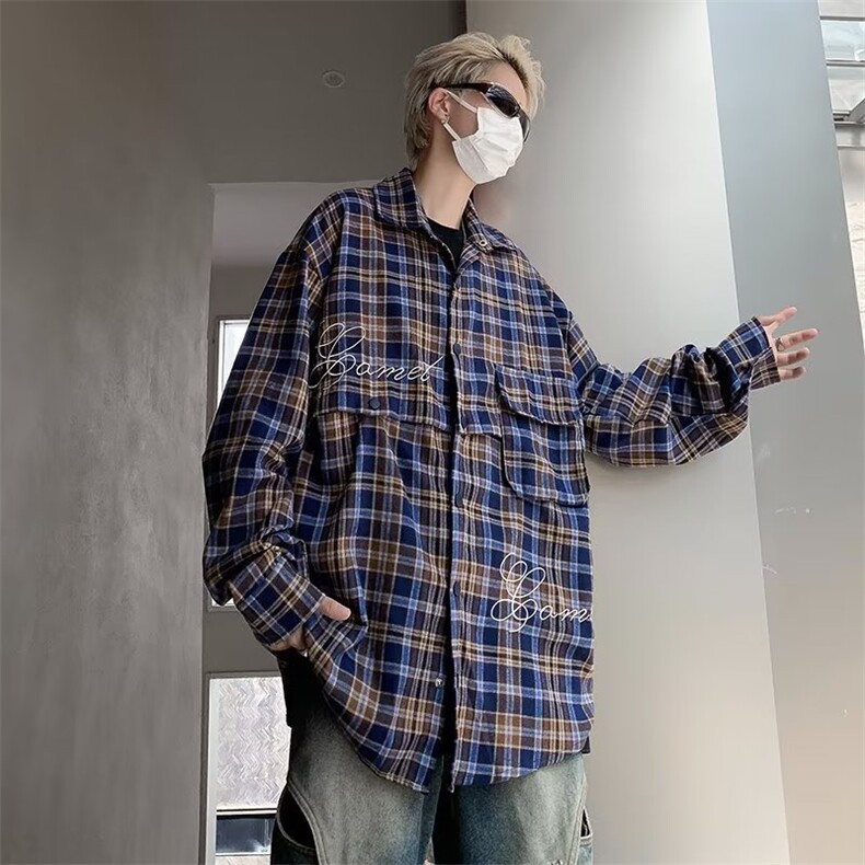 慵懒风格子衬衫长袖宽松休闲可拆卸式长短两穿衬衣1284-P45,男装衬衫,星座910-5