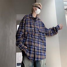 慵懒风格子衬衫长袖宽松休闲可拆卸式长短两穿衬衣1284-P45，男装衬衫，星座910-5