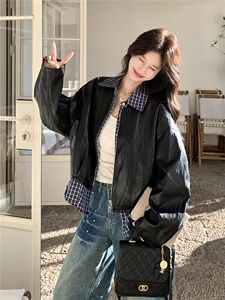 设计感假两件格纹拼接皮衣短外套女2026春季新款宽松休闲显瘦夹克图片