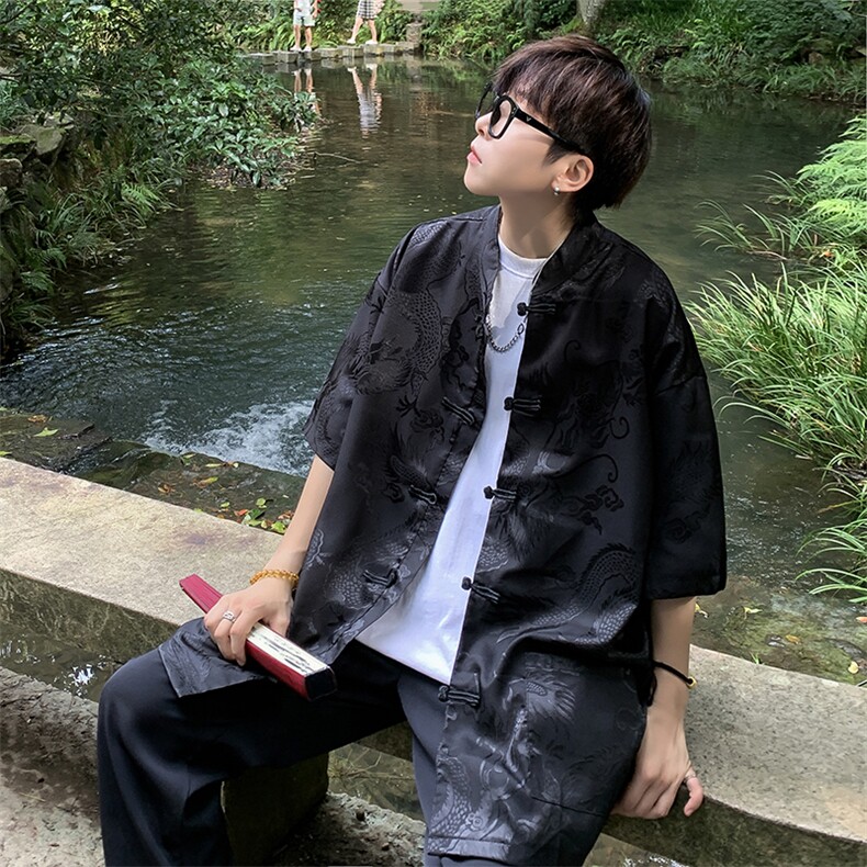 新中式盘扣风唐装短袖衬衫男潮牌夏季宽松休闲衬衣C04521-P40图片