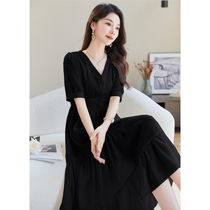 法式雪纺连衣裙女2025夏新款小个子V领气质收腰显瘦过膝度假长裙图片