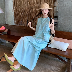 蓝色无袖假两件连衣裙女2025夏季新款韩系宽松休闲显瘦减龄背心裙图片