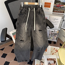 破洞牛仔裤美式复古水洗做旧宽松休闲百搭直筒裤，男装牛仔裤，星座410-6（原星座1304-1）