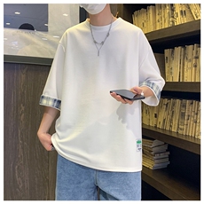 美式复古七分袖t恤男oversize打底衫胖子加肥加大码咖色拼接短袖，男装T恤，星座909-2（原星座717-2）