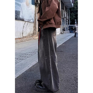 复古腰头拼接弯刀牛仔裤男女秋冬宽松松弛感阔腿直筒长裤子 N6097图片