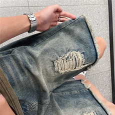水洗日系牛仔裤青春流行五分裤夏季潮流男破洞纽扣潮宽松直筒，男装牛仔裤，星座716-2