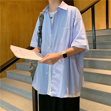 条纹五分袖衬衫男夏季ins上衣服潮流宽松情侣衬衣外套W1000-P28，男装衬衫，星座512-2