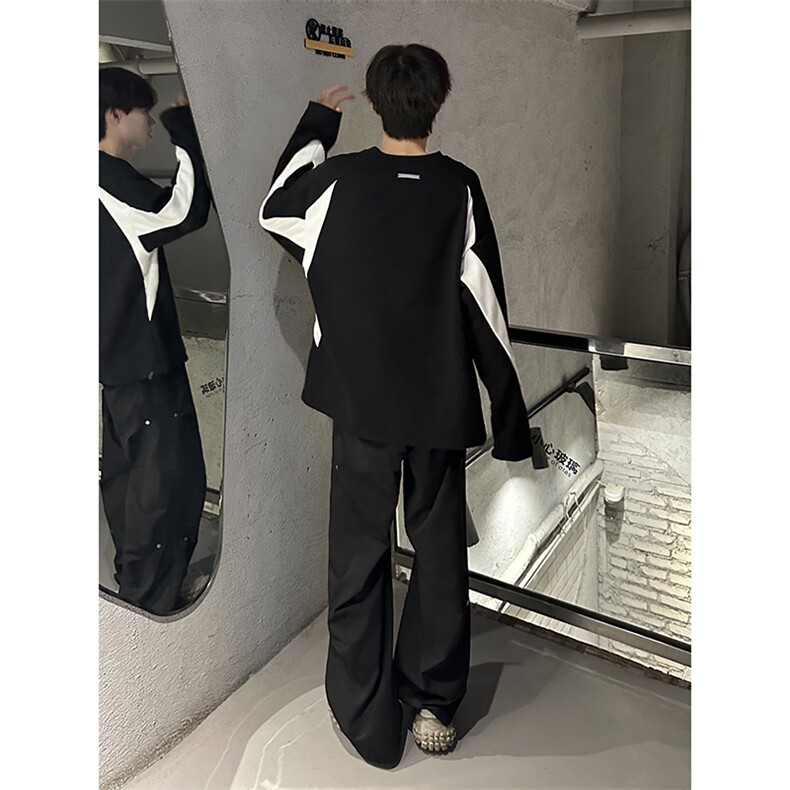 B221美式ins高街暗黑宽松拼接圆领卫衣T恤SY2316-P65控88,男装卫衣,电商B221