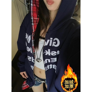 假两件拼接格纹连帽卫衣加绒男女宽松bf中性风情侣开衫外套 WK32图片