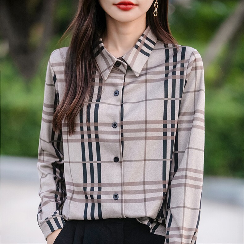 时尚复古格子衬衫女长袖修身显瘦百搭德绒衬衣图片