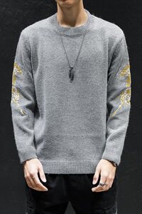 9056*水泥墙 日系秋冬男士麒麟绣花长袖毛衣针织衫男 黑色 *P75图片
