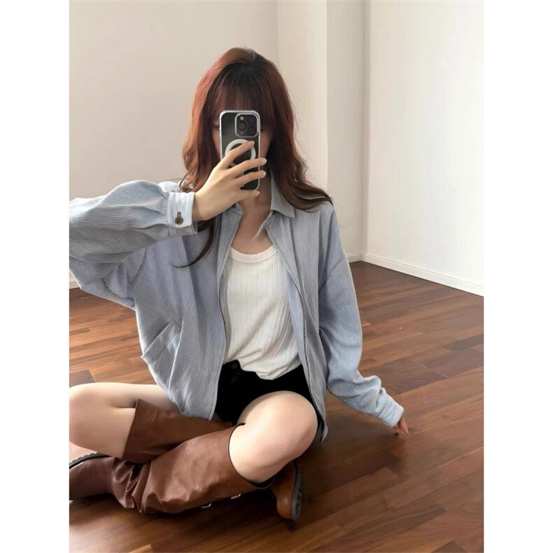 早秋氛围感穿搭蓝白条纹翻领衬衫男女款夏季极简设计感欧若风外套,男装夹克,星座313A(原308A-2)