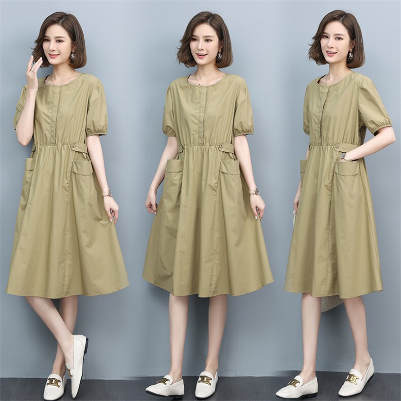 2021夏季新款纯色通勤圆领淑女短袖中长款口袋连衣裙，女装连衣裙，玛其路