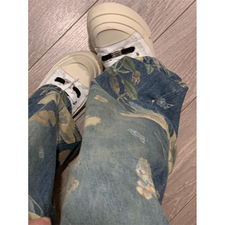 潮美式复古花卉印花牛仔裤男夏小众宽松垂感阔腿拖地裤N7719,男装牛仔裤,星座1116A（原606A-3）
