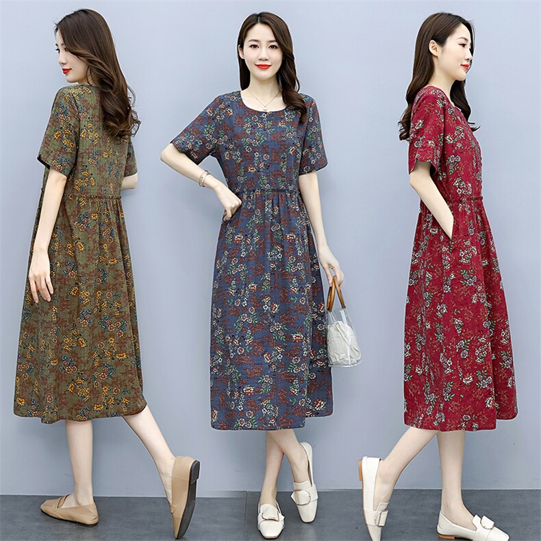 棉麻印花连衣裙女2022夏新款显瘦休闲中年女士中长款碎花亚麻裙子，女装连衣裙，超帛