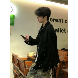 黑色短款牛仔解构外套男美式高街飞行员夹克棒球服秋冬 J235图片