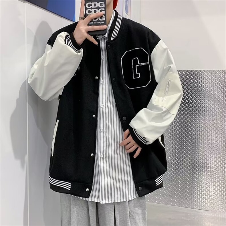 男秋季外套潮牌街头新款美式棒球服拼接男ins潮毛呢拼皮H03P63图片