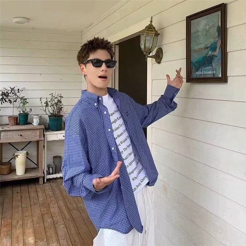 美式格子刺绣蓝色格纹衬衫外套潮牌男慵懒风长袖衬衣CY1210-P33,男装衬衫,星座412-3