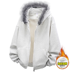 480G重磅加绒硬挺boxy秋冬美式高街超大毛领座山雕连帽卫衣厚外套，女装短外套，电商A486