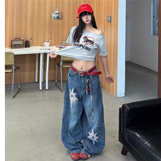 美式复古水洗星星贴布弯刀牛仔裤女春秋款高腰宽松慵懒风长裤，男装牛仔裤，星座506A