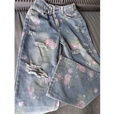 现货印花破洞蓝色牛仔裤5087-P55，男装牛仔裤，星座910-5