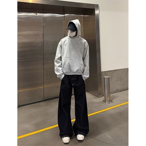 美式高街灰色连帽卫衣男款秋季脊骨铆钉刺绣帽衫设计感情侣外套图片