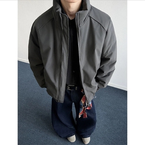 美式3D立体裁剪立领棉服男款秋冬季加厚保暖深灰色飞行员夹克棉衣图片