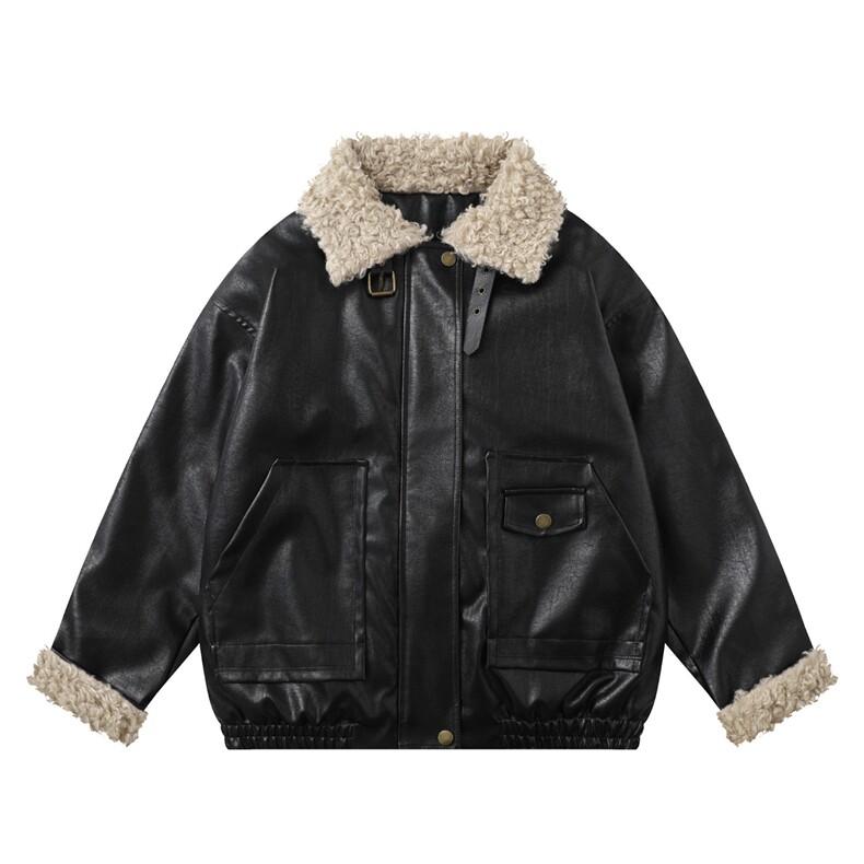 美式复古夹棉加厚皮衣外套男女痞帅羊羔毛拼接皮棉服MF395-P65图片