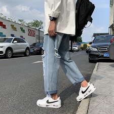 夏季浅色破洞牛仔裤男士宽松潮流百搭九分直筒休闲裤子B，男装牛仔裤，星座1008